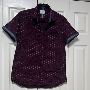 Men's Short-Sleeve Button-Down Shirt - Burgundy with Dot Print A-1